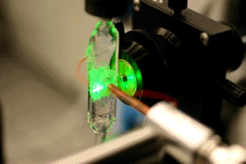 Image: A close up of the glass flow chamber irradiated by laser light (Photo courtesy of University of Missouri).